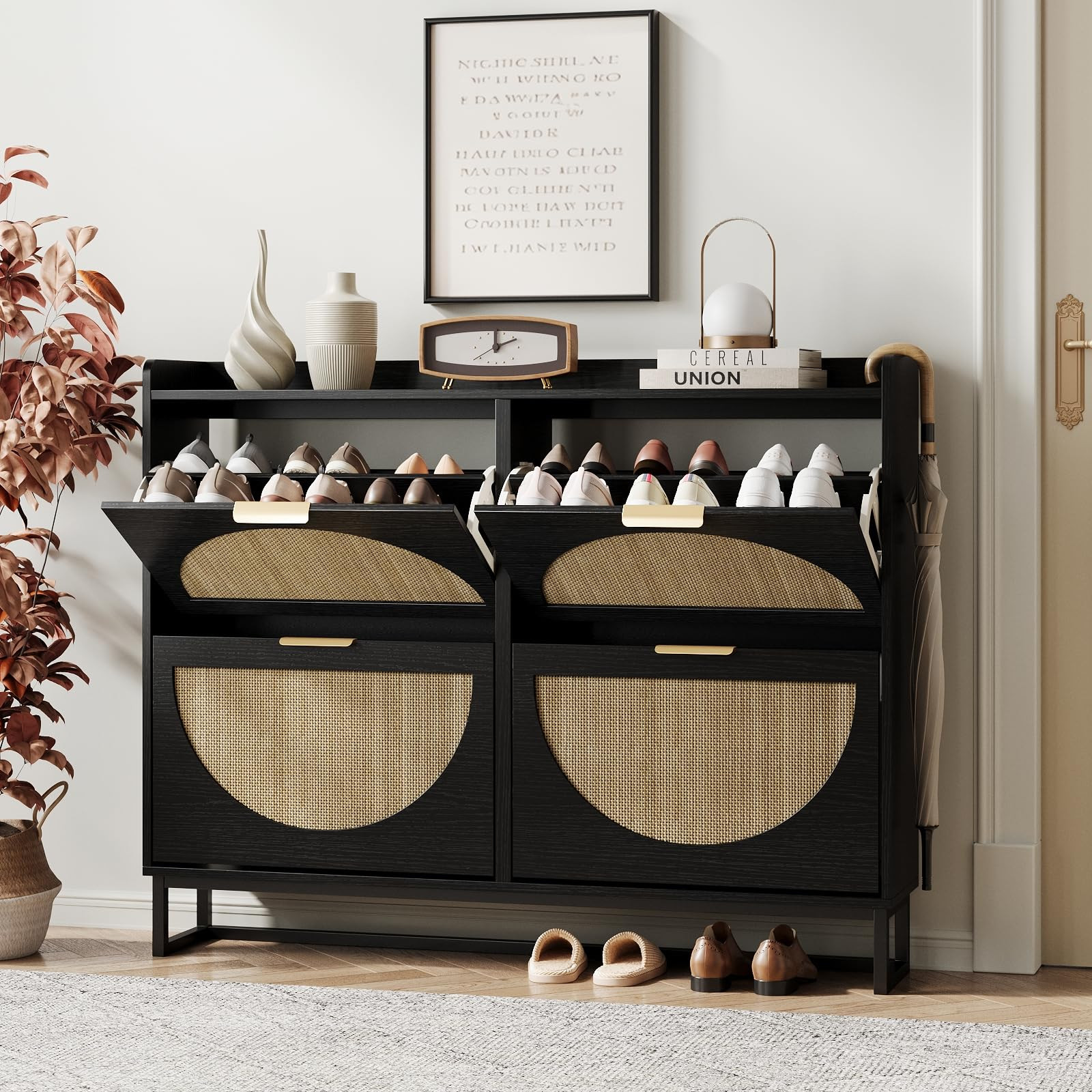 Maupvit Large Rattan Shoe Storage Cabinet with 4 Flip Drawers, Freestanding Shoe Organizer with M... | Amazon (US)