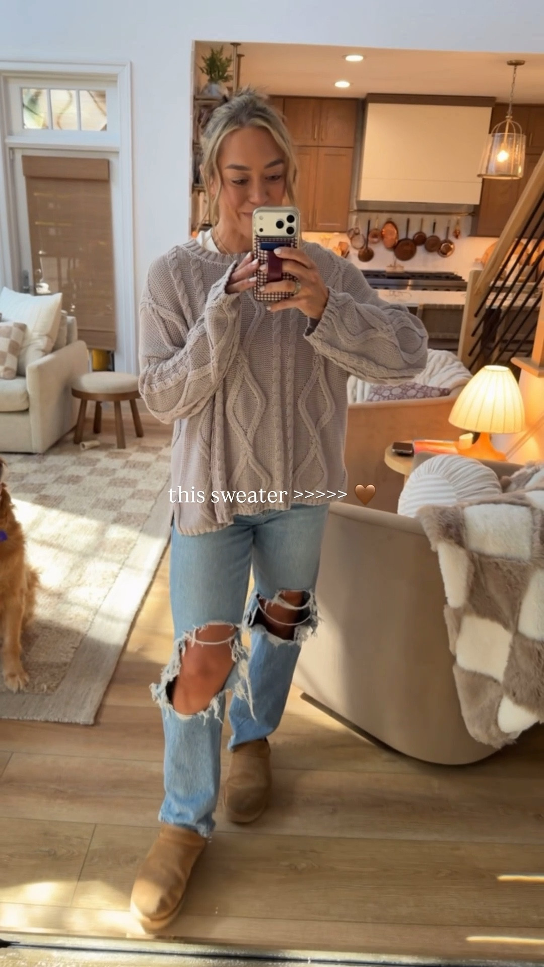 So late to the game w/ this sweater but it’s gorgeous and in stock in a couple colors / sizes! Also linked similar 🤎 in the L! So pretty🥹 

Ootd / winter style / American Eagle / target finds / Uggs / Holley Gabrielle 

#LTKSeasonal #LTKPetite #LTKootd
