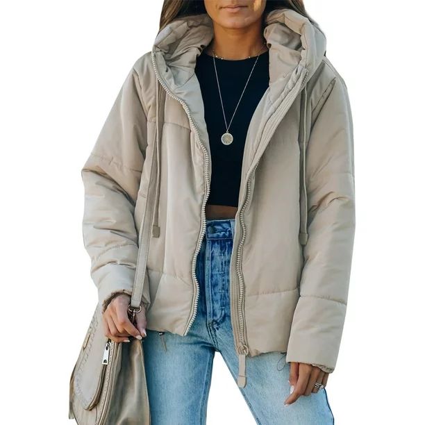 Chase Secret Womens Full Zipper Hooded Puffer Jacket Short Coat with Pockets Petite - Walmart.com | Walmart (US)