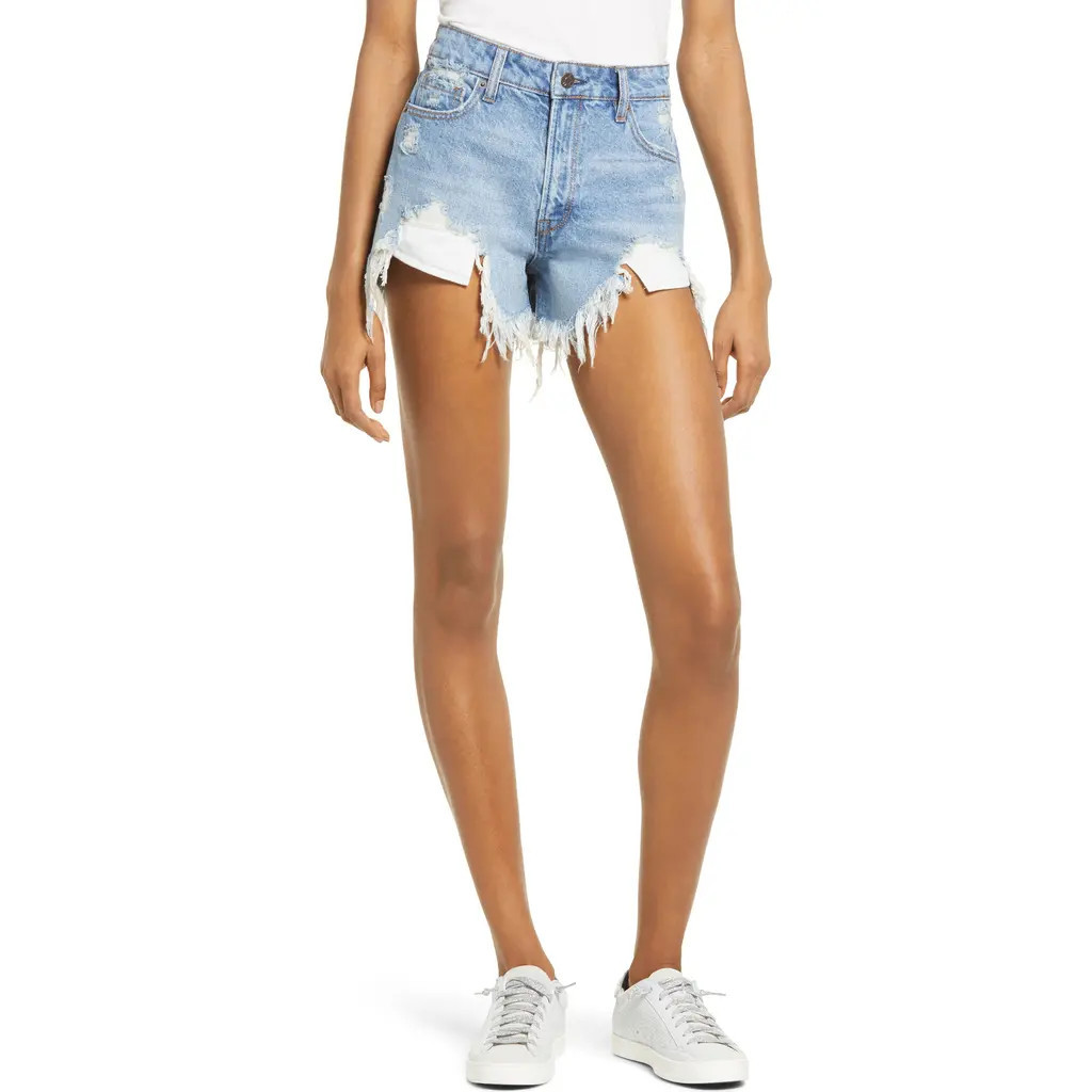 HIDDEN JEANS Chewed Hem High Waist Denim Shorts in Medium Wash at Nordstrom | Nordstrom