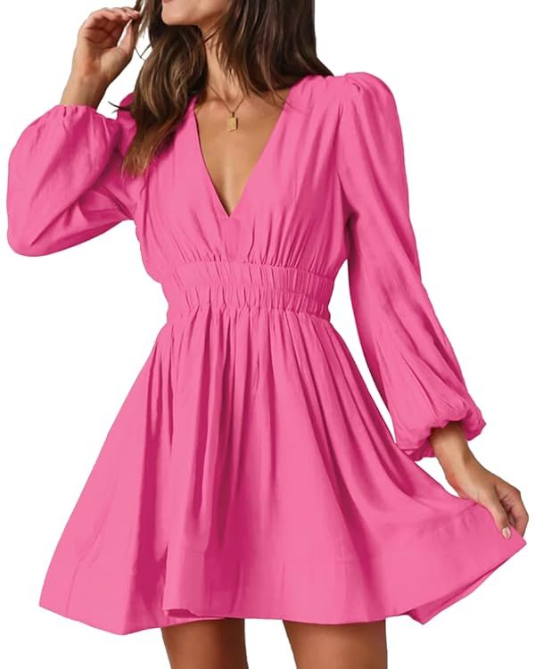 Womens 2023 Deep V Neck Long Sleeve Mini Dress for Women High Rise A-line Dress Elastic Waist Cas... | Amazon (US)