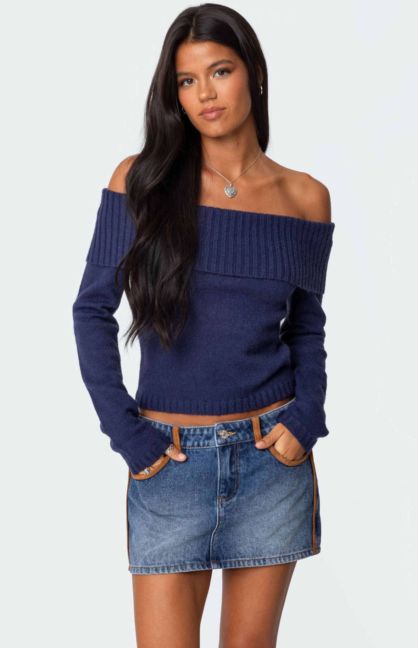 Edikted Women's Tamara Fold Over Knit Top in Navy - Size XL | PacSun