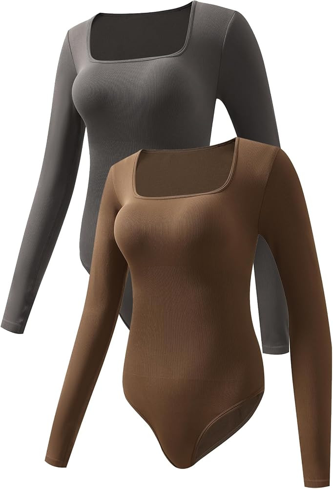 Square Neck Bodysuits for Women Long Sleeve Tops Sexy Ribbed Going Out Sexy Thong Ribbed Bodysuit... | Amazon (US)