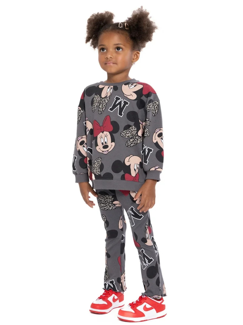Minnie Mouse Toddler Girls Long Sleeve Allover Print Sweatshirt and Matching Flare Leggings Set, ... | Walmart (US)