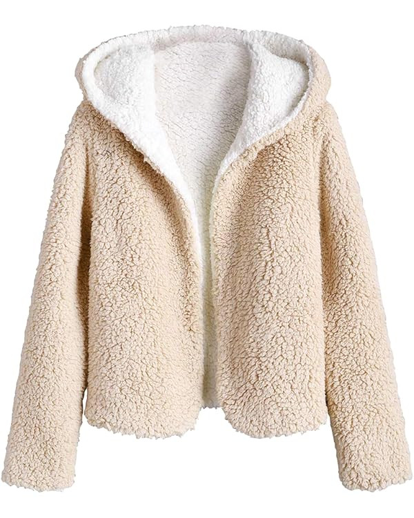 ZAFUL Women's Zip Up Faux Shearling Fluffy Hooded Cropped Teddy Jacket Coat | Amazon (US)