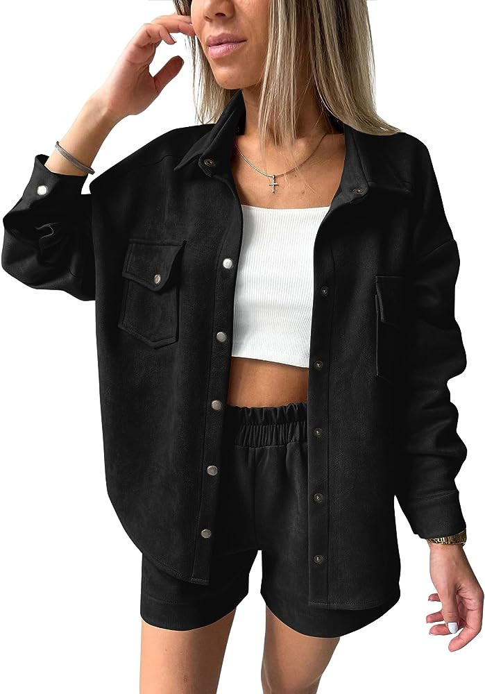 KIRUNDO Womens Fall Fashion 2023 Two Piece Outfits Casual Tracksuit Suede Long Sleeve Shirt Jacke... | Amazon (US)