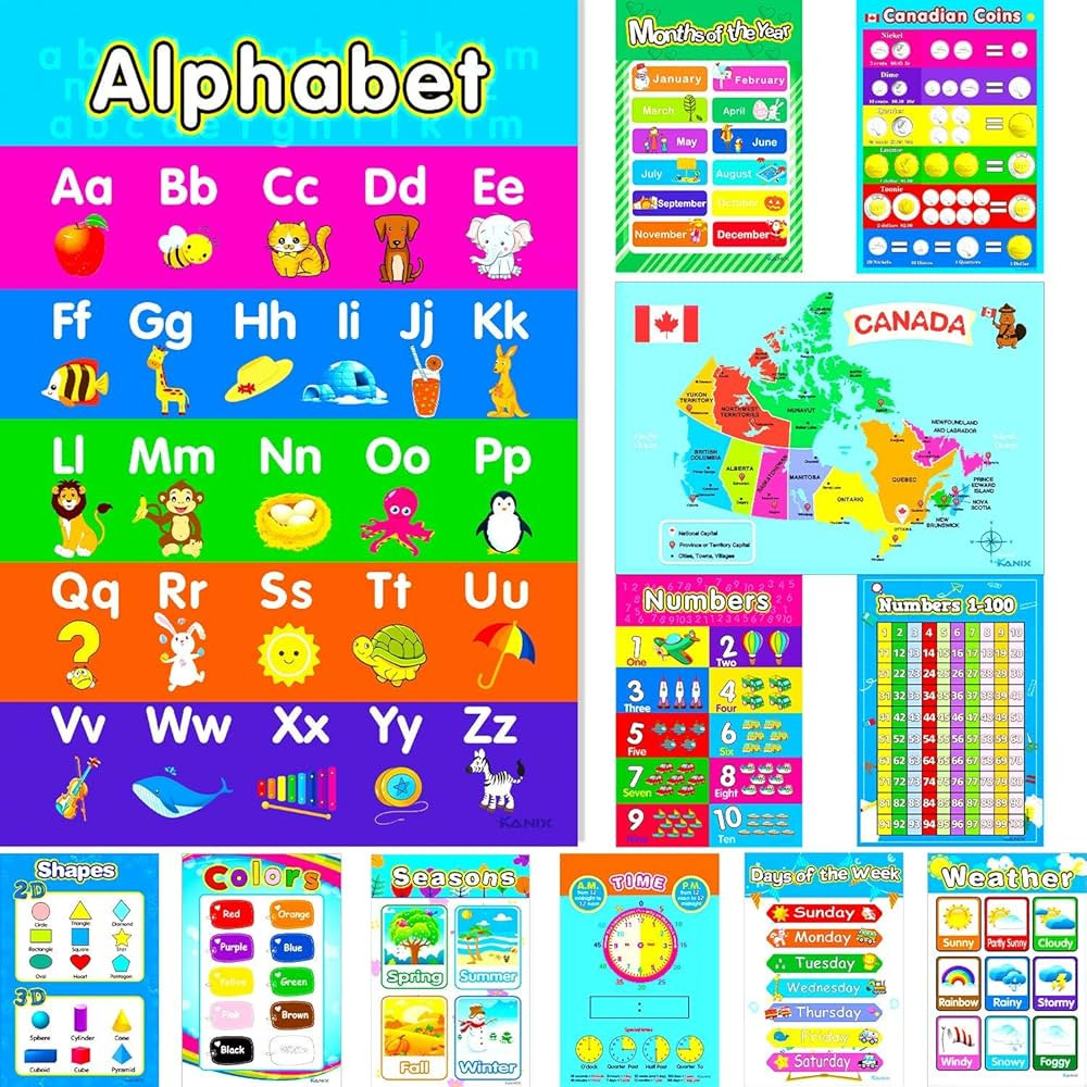 12 Educational Alphabet Preschool Posters Colours Months Seasons Shapes Canada Coins Time Weather... | Amazon (CA)