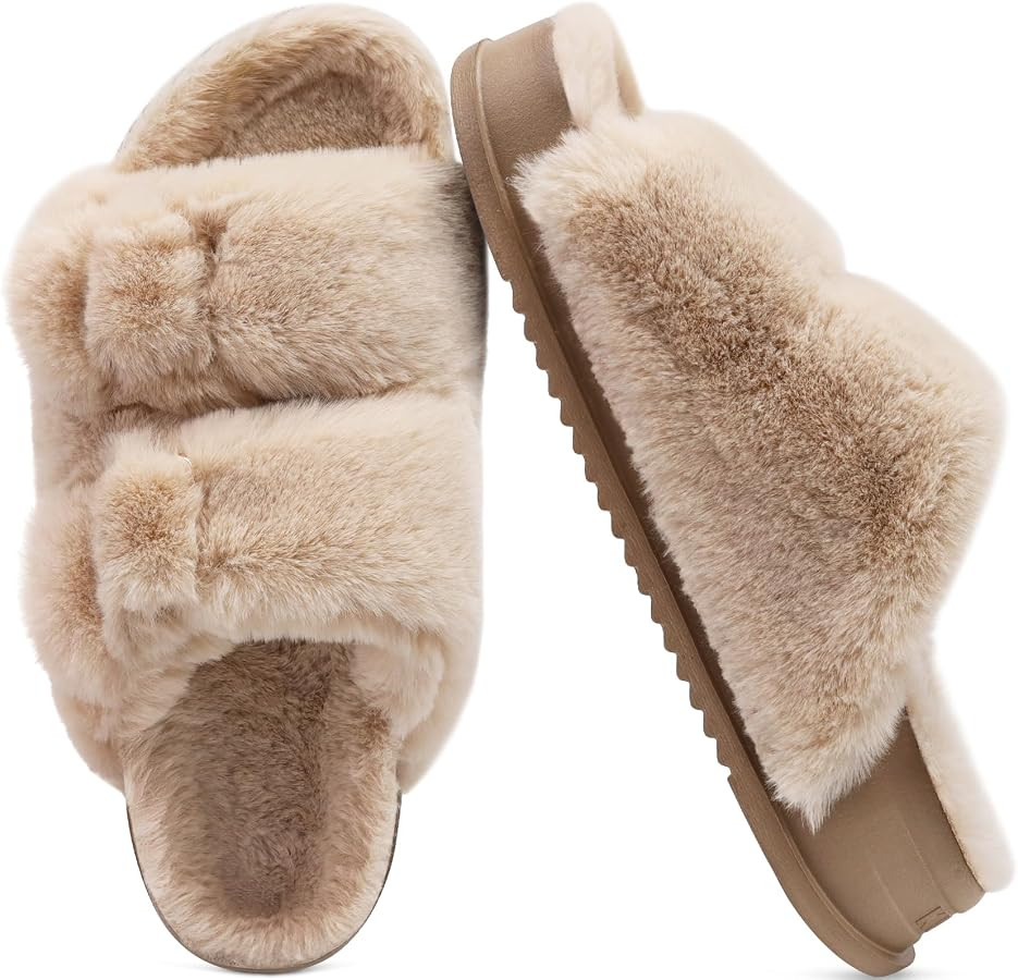 KuaiLu Women's Fluff Slippers Plantar Fasciitis Arch Support Platform Slippers Ladies Fashion Ope... | Amazon (US)