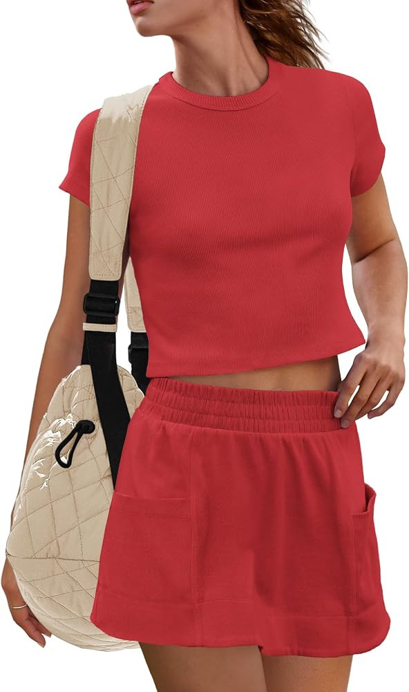Panadila Womens Skort Sets 2 Piece Outfits Ribbed Short Sleeve Tops and Skirt with Shorts Underne... | Amazon (US)