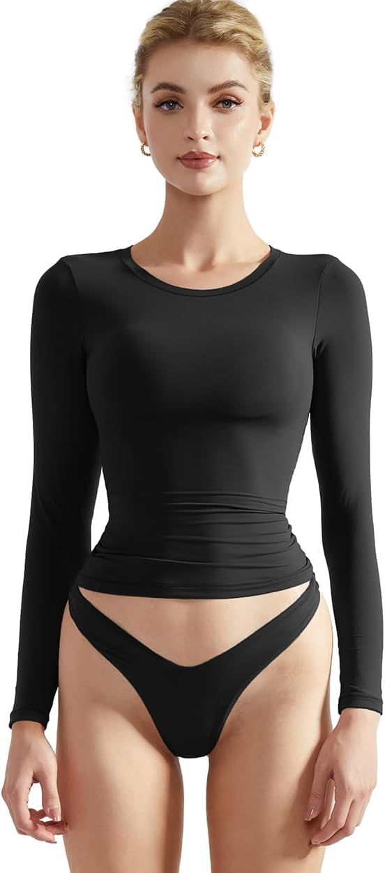SUUKSESS Women Double Lined Fitted Basic T Shirts Crew Neck Long Sleeve Crop Top | Amazon (US)