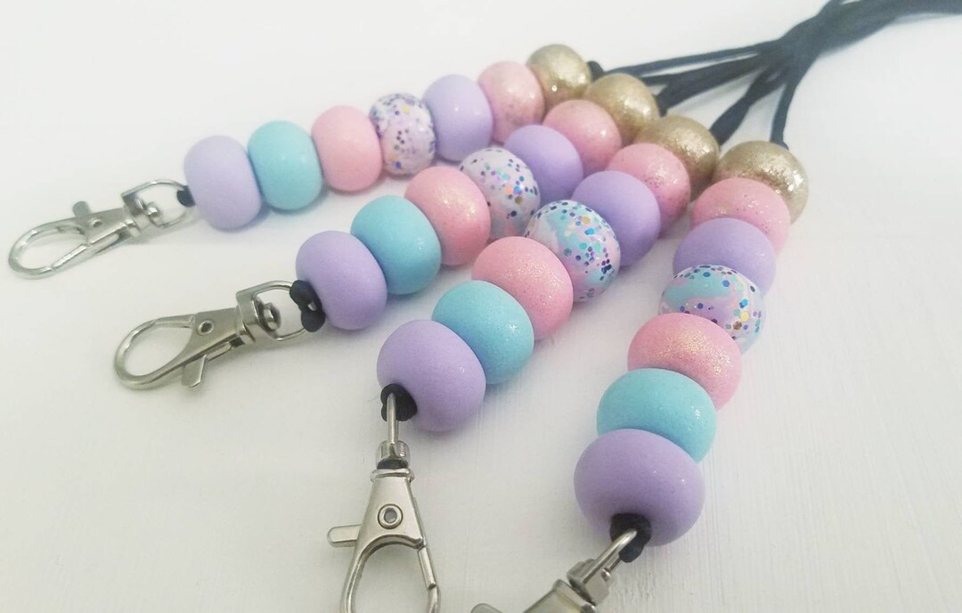 Unicorn Lanyard, Teacher Beaded Wristlet, Teacher Lanyard, Pastel Beads, Clay Lanyard With Beads,... | Etsy (US)