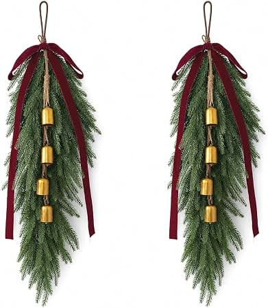 Xyalrax 2 Pcs 36" Christmas Teardrop Swags Faux Norfolk Pine Greenery | Christmas Wreath Swags fo... | Amazon (US)