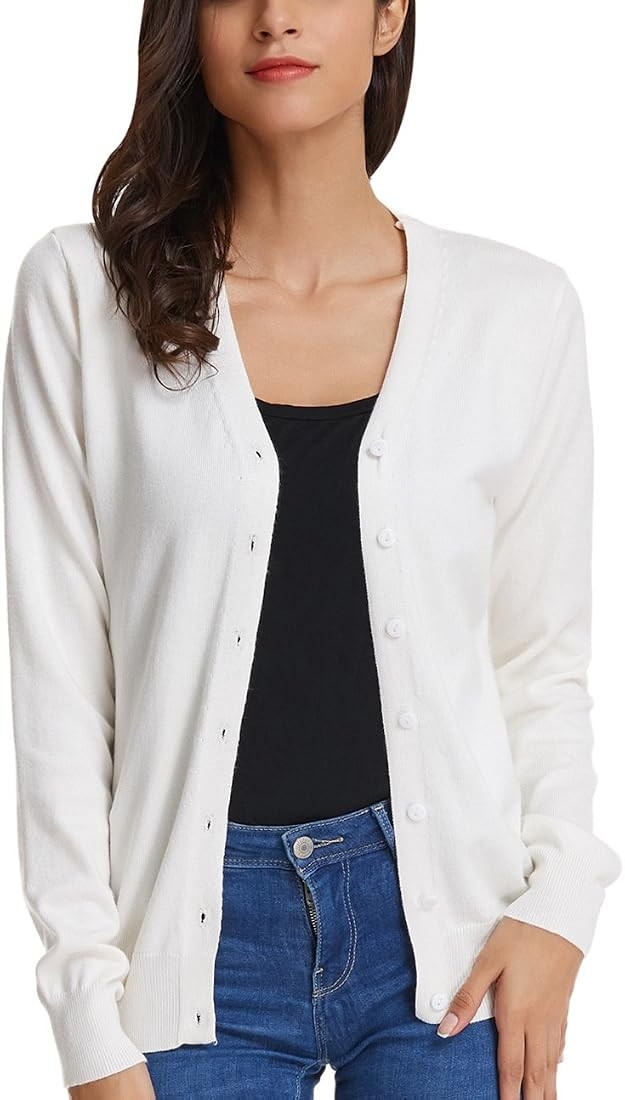 GRACE KARIN Women's Long Sleeve Button Down Vee Neck Classic Sweater Knit Cardigan | Amazon (US)