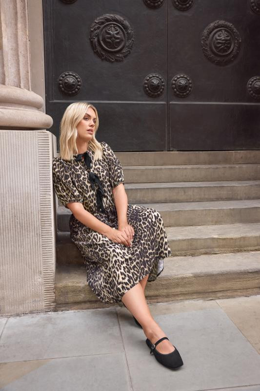 LIMITED COLLECTION Plus Size Natural Brown Leopard Print Bow Dress | Yours Clothing UK