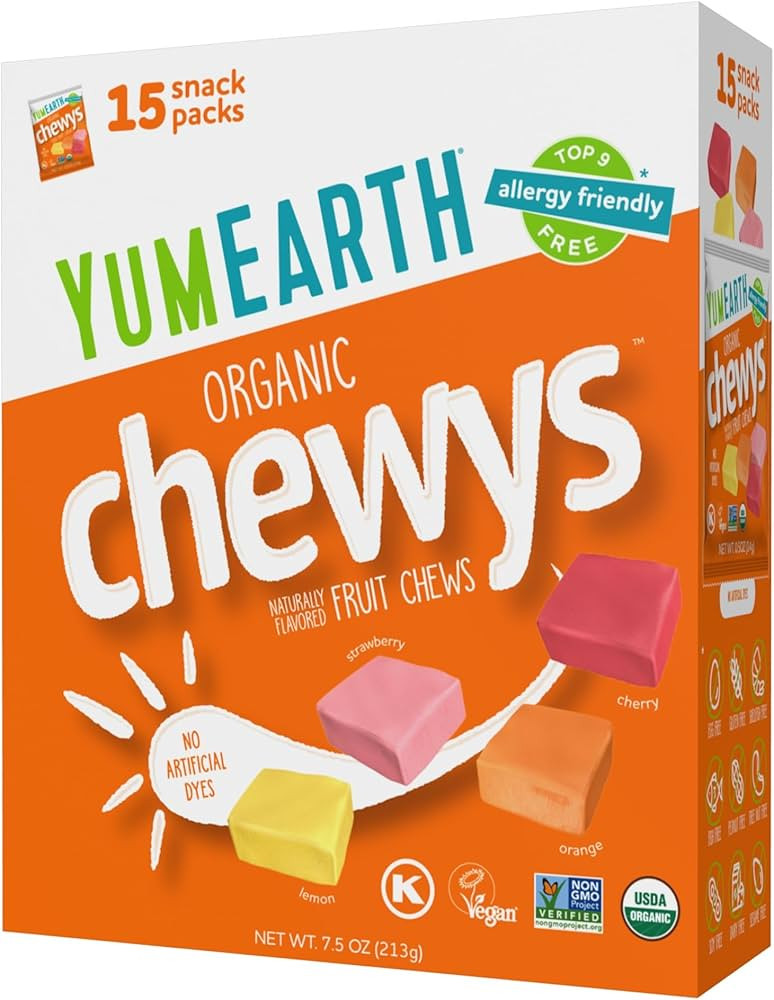 YumEarth Organic Chewys Fruit Flavored Candy Chews - Allergy Friendly, Gluten Free, Non-GMO, Vega... | Amazon (US)