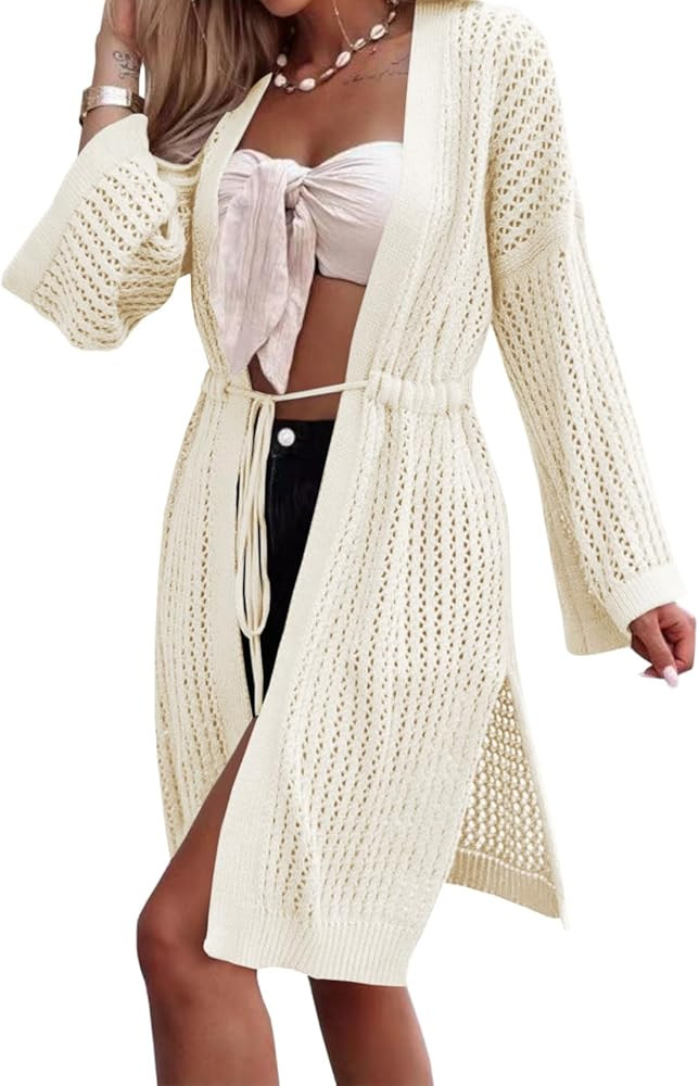Langwyqu Women's Lightweight Summer Cardigan Sweaters Crochet Knit Long Sleeve Drawstring Open Fr... | Amazon (US)