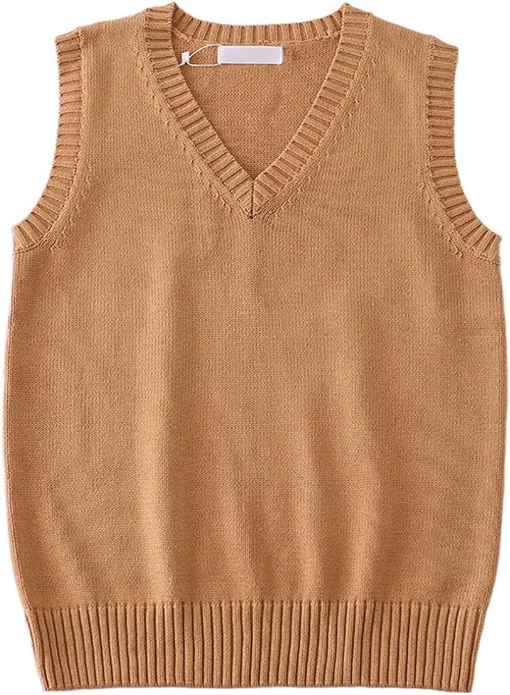 jinghuiyue Women’s V Neck Sweater Vest School Uniform Solid Color Sleeveless Knit Sweaters Pull... | Amazon (US)