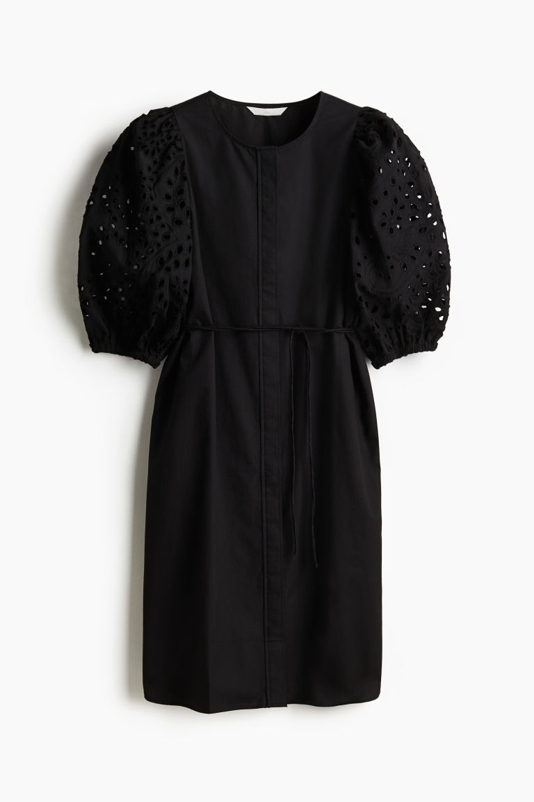H & M - Dress with Eyelet-Embroidered Sleeves - Black | H&M (US + CA)