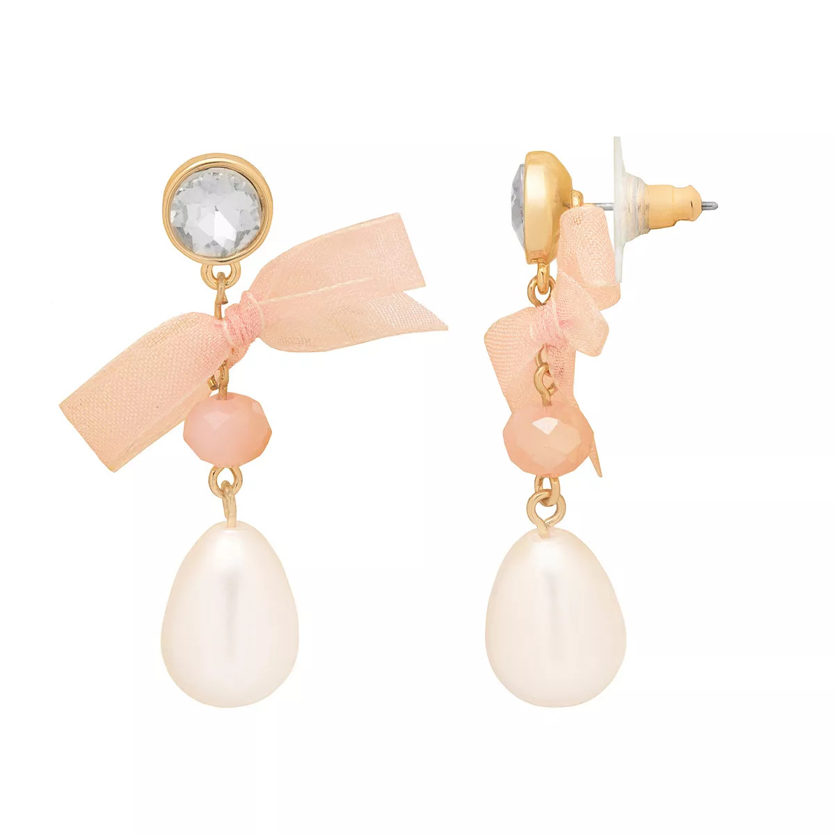 Emberly Gold Tone Simulated Pearl, Bead & Fabric Bow Drop Earrings | Kohl's