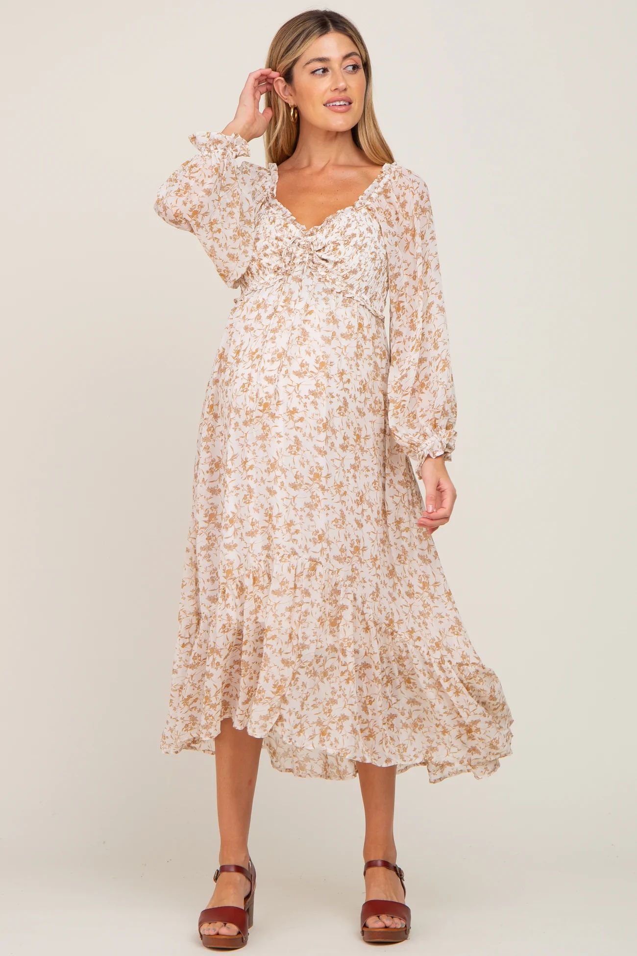 Ivory Floral Chiffon Ruffle Maternity Maxi Dress | PinkBlush Maternity