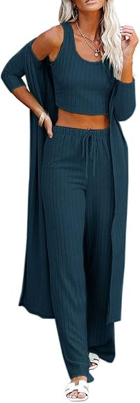 Womens Pajamas Set Fall Winter 3 Piece Loungewear Set Crop Vest Top Loose Pants and Cardigan Knitwea | Amazon (US)