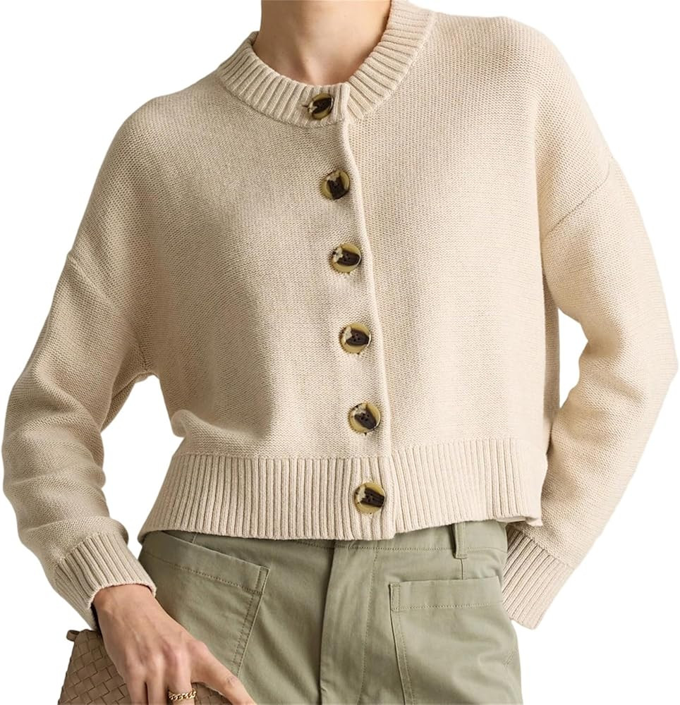 Women Casual Button Up Sweater Y2K Loose Fit Crewneck Long Sleeve Knit Cardigan Solid Color Fall ... | Amazon (US)