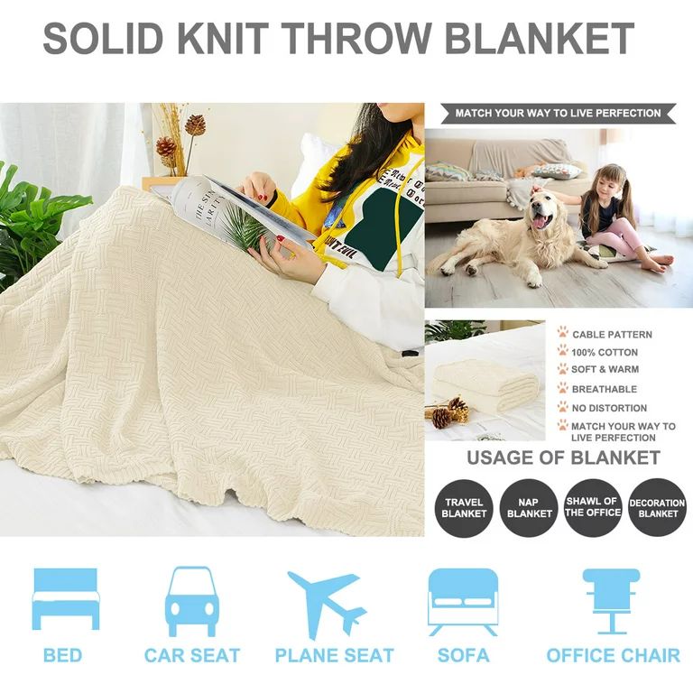 Unique Bargains Cotton Knitted Decorative Throw Blanket for Couch, Beige, Standard Throw | Walmart (US)