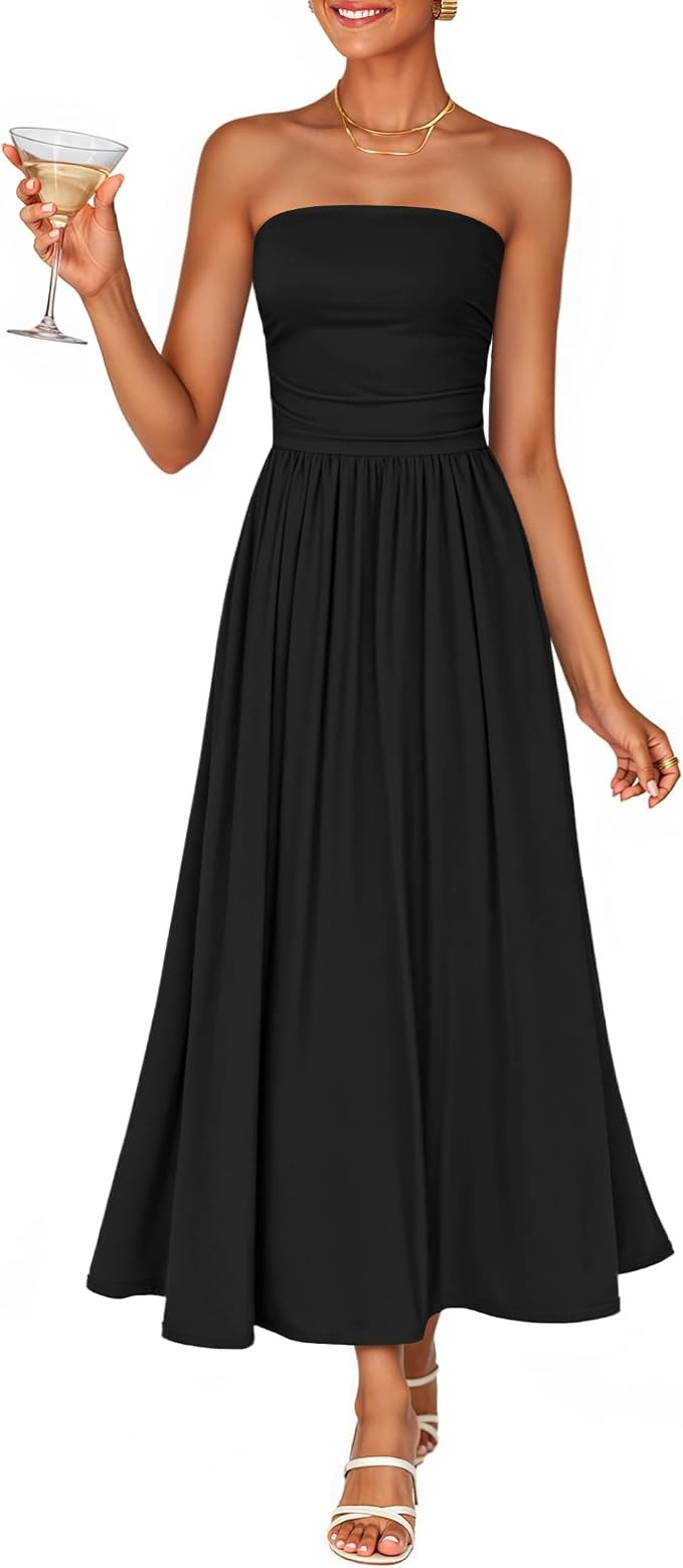 ZESICA Women's Summer Sleeveless Midi Dress 2026 Strapless Ruched A Line Flowy Wedding Guest Part... | Amazon (US)
