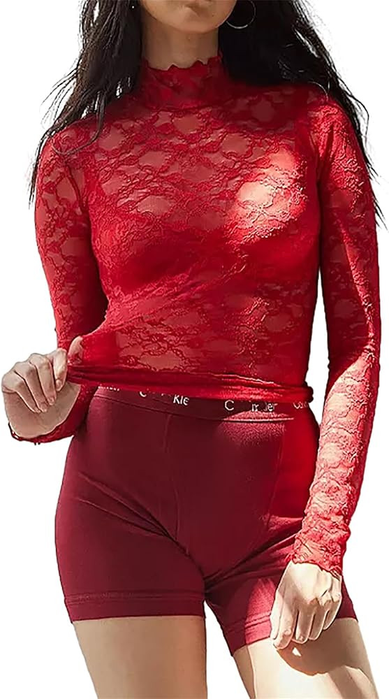Lace Long Sleeve Tops for Women - Sexy Sheer Mock Neck Slim Fit Y2K Going Out Shirts | Amazon (US)