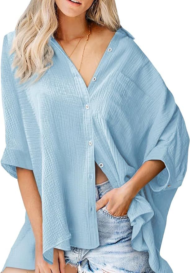 Astylish Women 2024 Oversized Button Down Shirt 3/4 Sleeve Blouses V-Neck Textured Top | Amazon (US)
