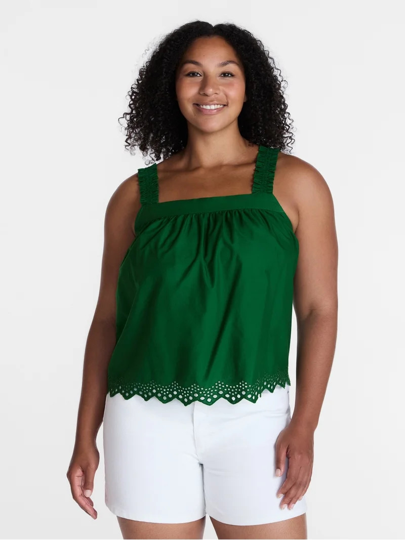 Time and Tru Women's Eyelet Embroidery Trim Tank Top, Sizes XS-XXXL | Walmart (US)