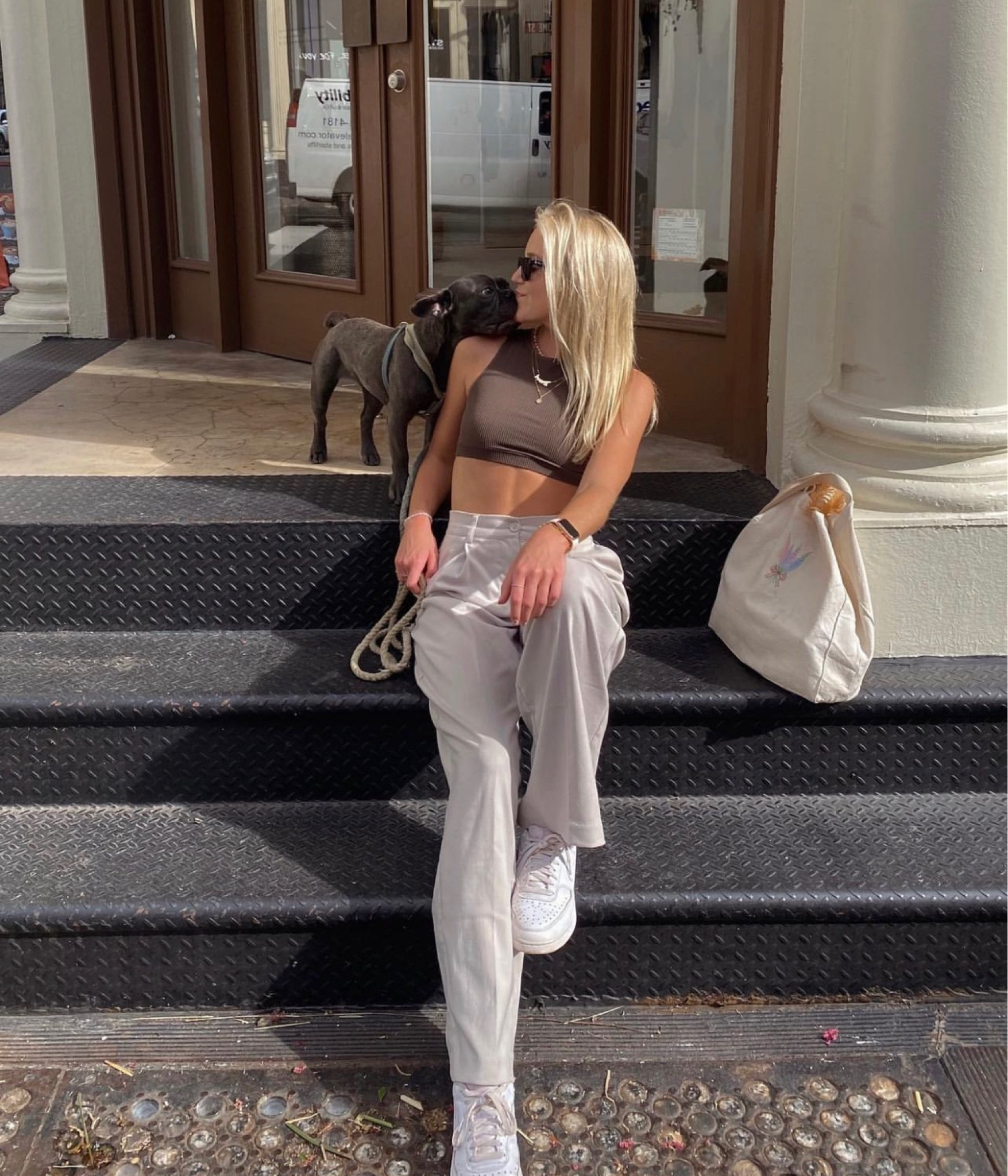 Brown cropped seamless top
Beige trousers
Nike Air Force 1’s 

#LTKunder50 #LTKstyletip #LTKFind