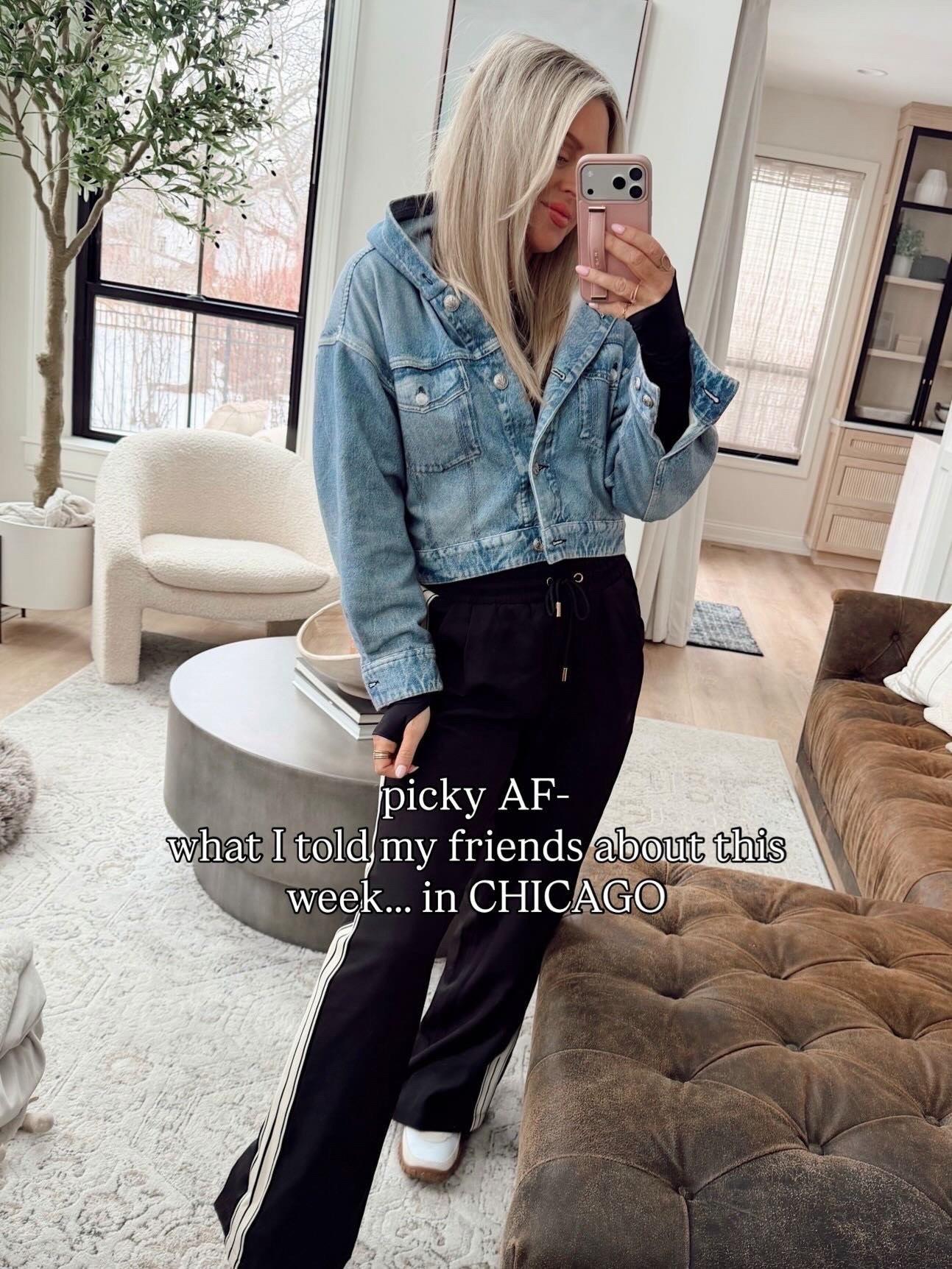 Elevated casual 🤍 Still crushing on these track pants. Now in 5 colors, wearing a small and I keep reaching for them 🙌

Knit denim jacket = worth every penny. Mine is out of stock but linking a similar one I love 💙! 

#LTKSeasonal #LTKootd