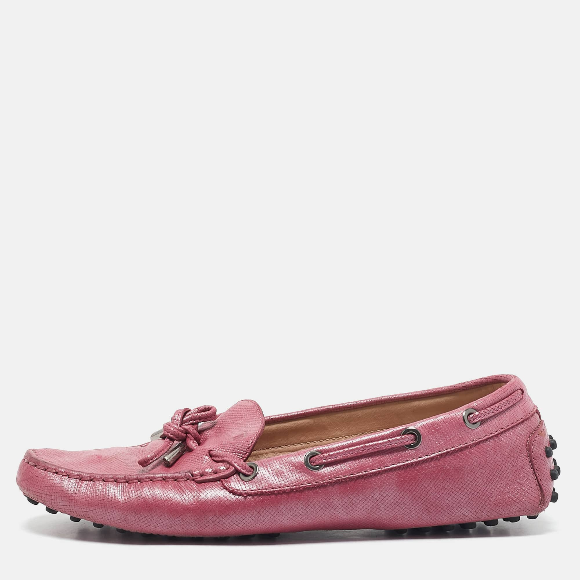 Tod's Metallic Pink Leather Bow Slip On Loafers | Shop Simon