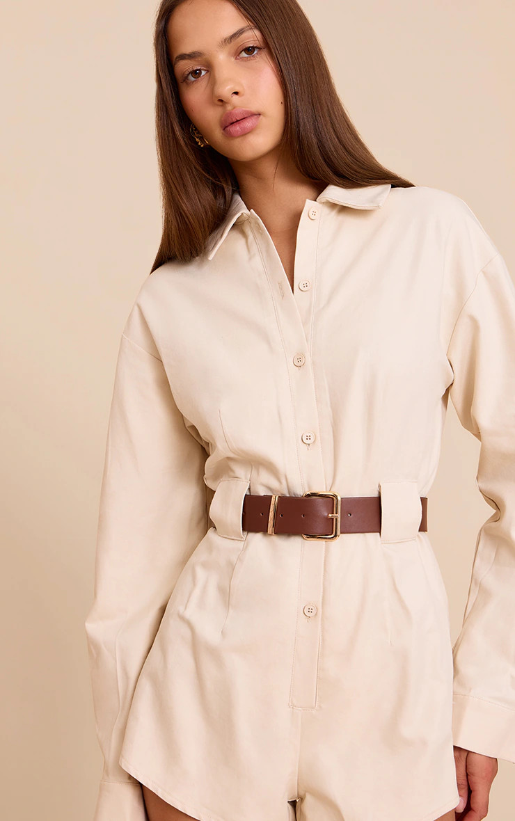 Stone Woven Utility Belted Playsuit | PrettyLittleThing UK