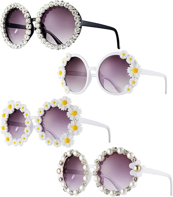 4 Pieces Daisy Sunglasses Daisy Flower Rhinestone Sunglasses Vintage Round Glasses for Women | Amazon (US)
