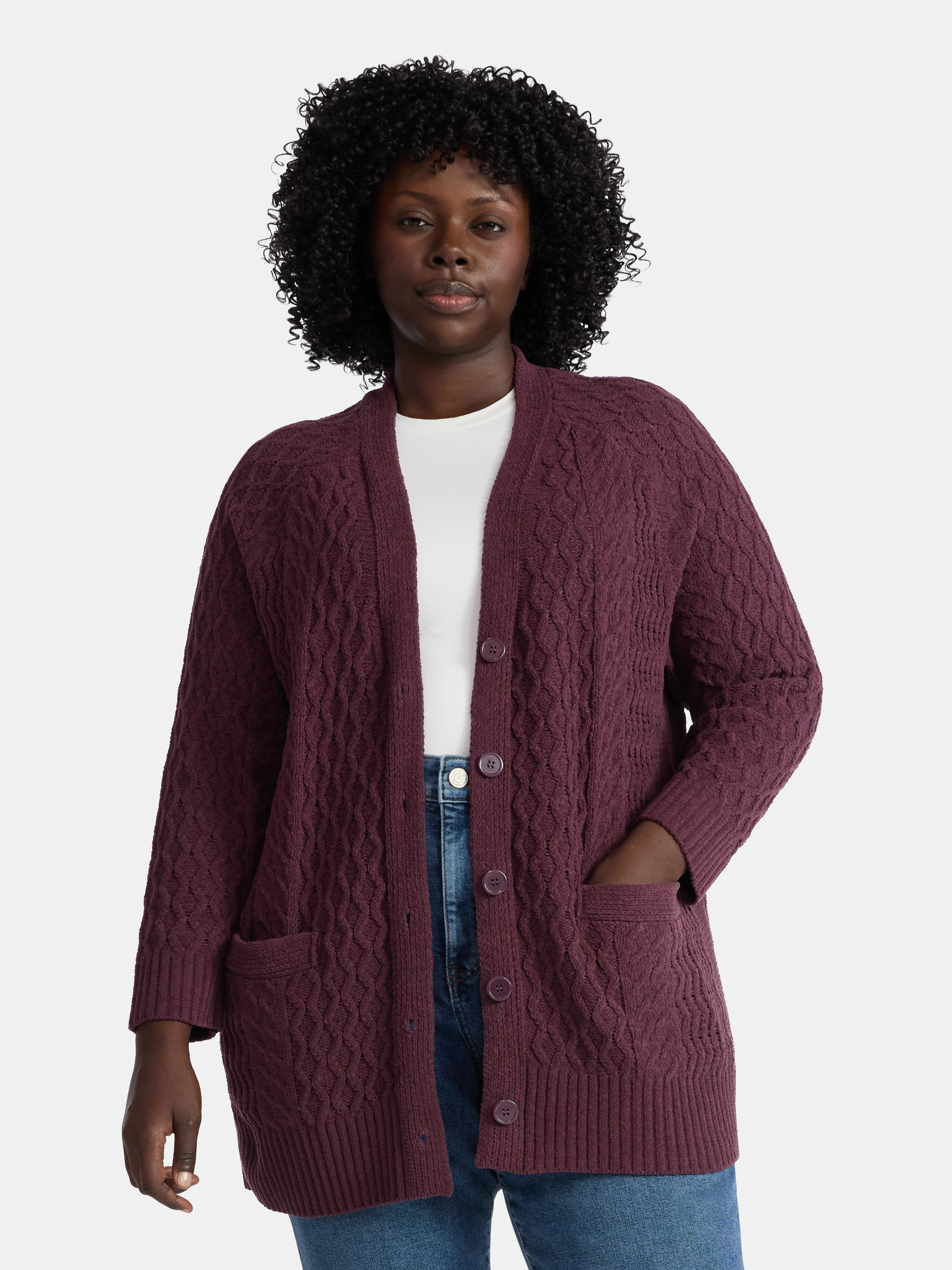 Terra & Sky Women’s Plus Chenille Boyfriend Cardigan Sweater, Midweight, Sizes 0X-4X | Walmart (US)