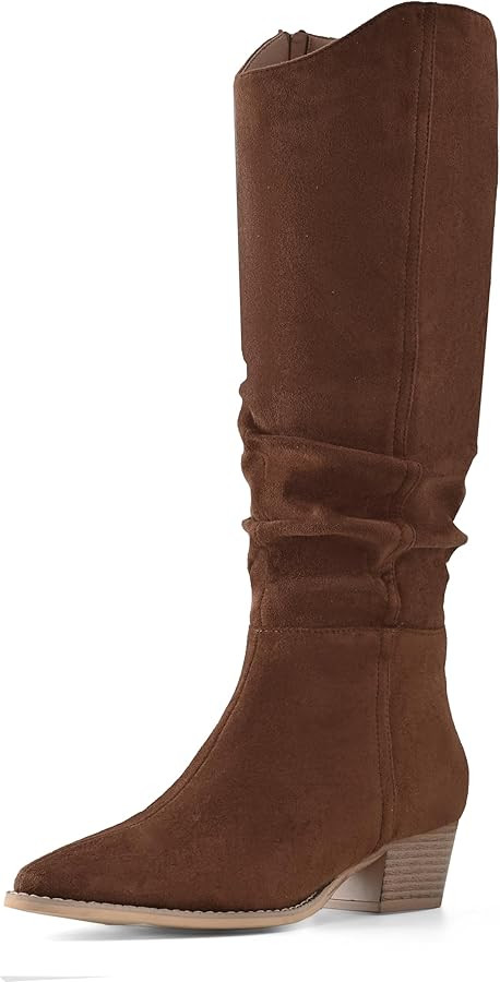 Shoe’N Tale Women's Knee High Boots Pointed Toe Cowboy Wide Calf Slouchy Suede Boots Chunky Sta... | Amazon (US)