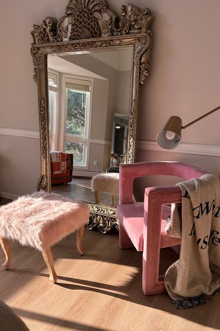 Modern chair barrel chair
Pink home accents 
Floor length mirror 
H blanket 
The Styled Collection 
Modern living room

#LTKhome #LTKsalealert #LTKfamily