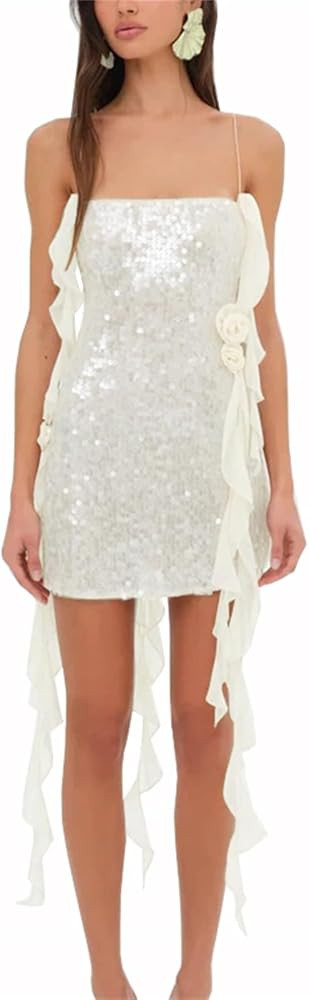 ZHengquan Women's Sequin Homecoming Dresses with Flower Spaghetti Straps Cocktail Party Dresses S... | Amazon (US)