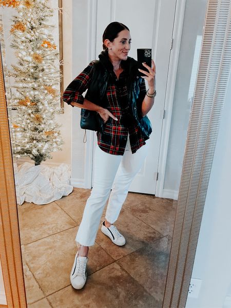 Holiday plaid! Faux leather puffer vest (size small) white jeans, and sneakers, holiday casual style ❤️🎄🖤

Casual holiday outfit idea 

#LTKsalealert #LTKfindsunder50 #LTKHoliday