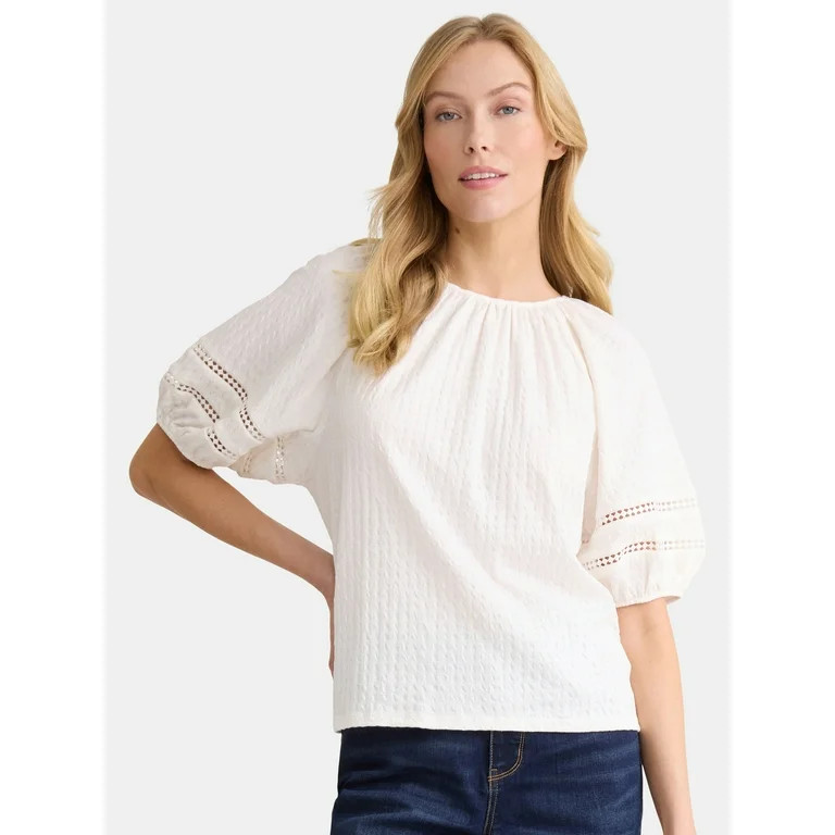 Time and Tru Women's Lace Trim Top with Puff Sleeves, Sizes XS-XXXL | Walmart (US)
