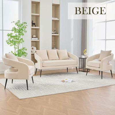 Hrinhom 3-Piece Living Room Furniture Sets,Loveseat And 2 Accent Chairs, With 3 Pillows and Metal Legs-BEIGE | Target