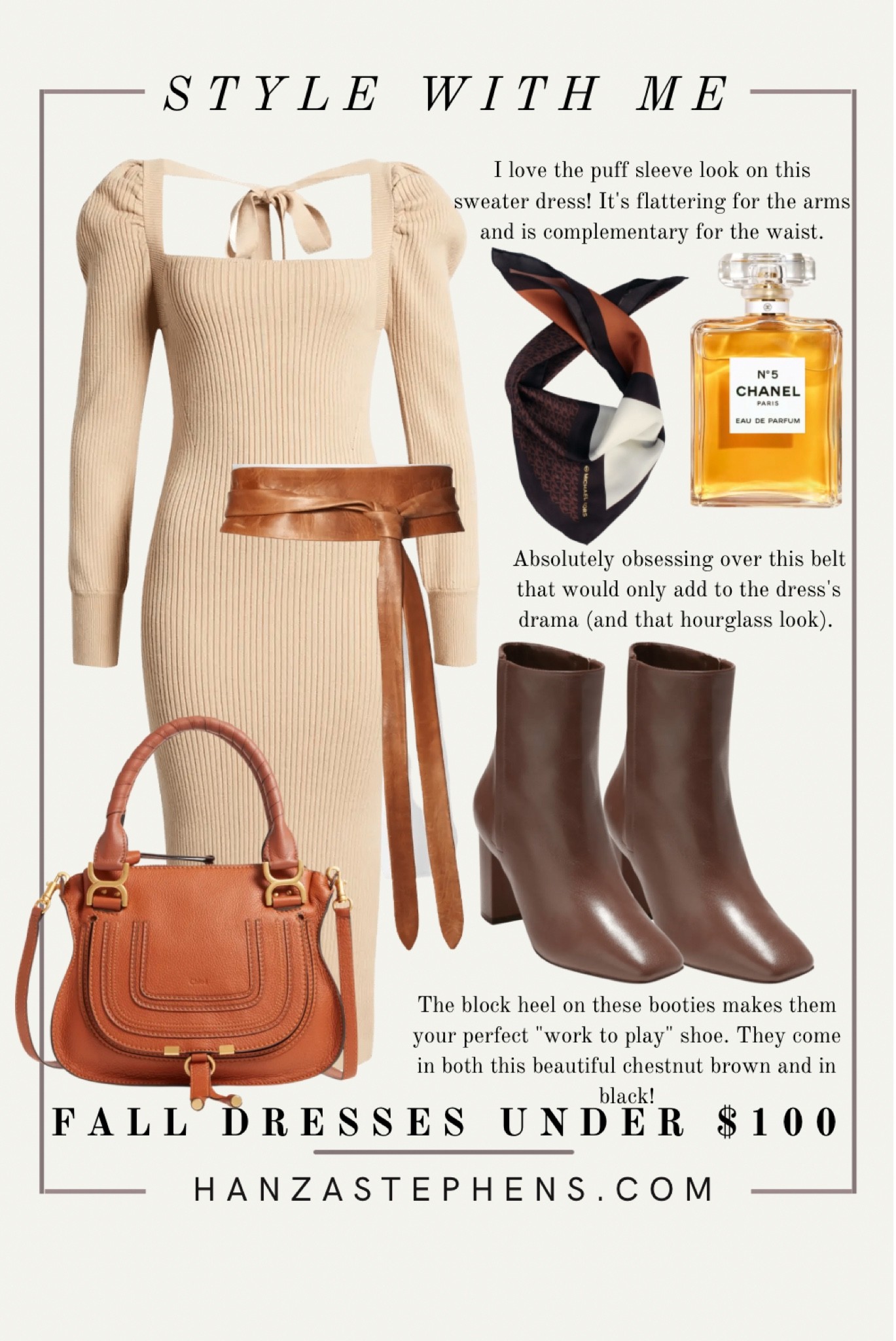 I love the puff sleeve look on this sweater dress! It's flattering for the arms and is complementary for the waist. Obsessing over this wrap belt that would only add to the outfit’s drama and to that hourglass look!
The block heel on these booties makes them your perfect "work to play" shoe. They come in both this beautiful chestnut brown and in black!
You can never go wrong with a classic Chloe satchel (an absolute dream bag of mine).

Double wrap this neutral silk scarf around your neck to pull the whole look together. 

#LTKSeasonal #LTKshoecrush #LTKstyletip