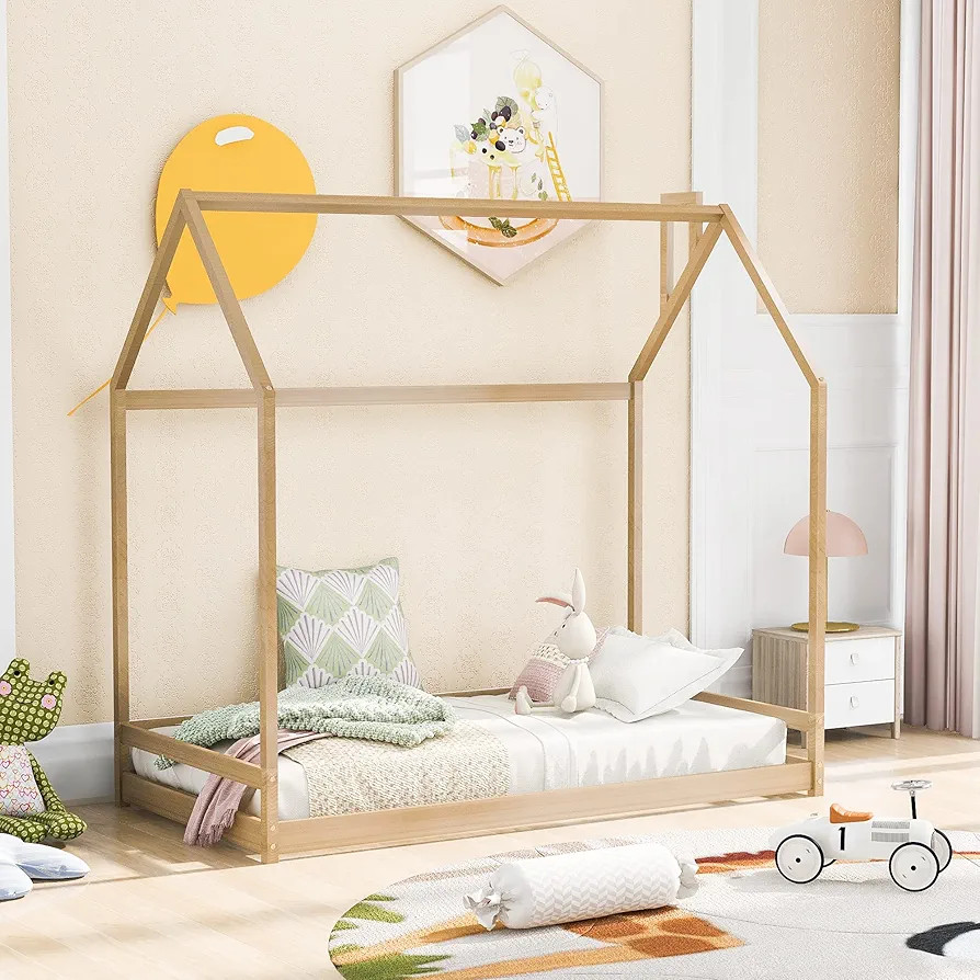 Merax Twin Size Wood House Bed, Wooden Bedframe with Roof for Kids, Teens, Boys or Girls, Natural | Amazon (US)
