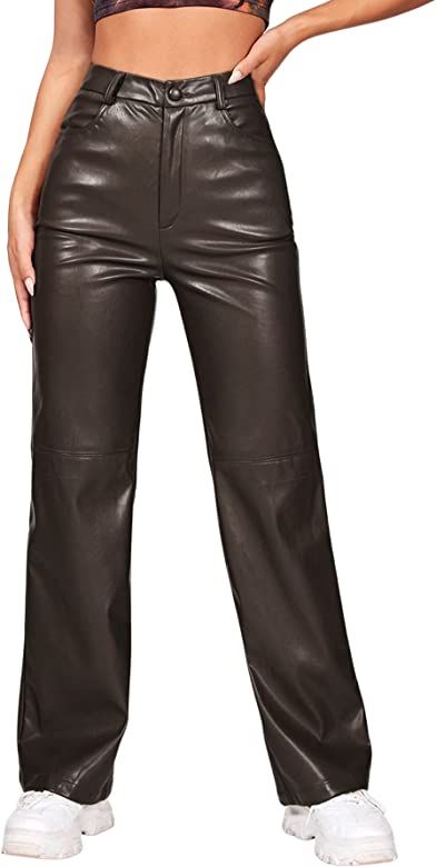 MakeMeChic Women's Faux Leather Pants Straight Wide Leg Leather Pants | Amazon (US)