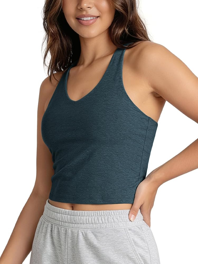 ODODOS Women's Performance Racerback V-Neck Crop Tank with Built-in Bra, Ultra Soft odSTRATUM Tec... | Amazon (US)