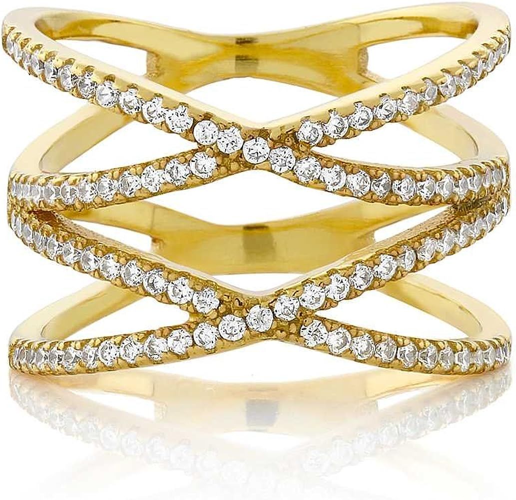 Gem Stone King 18K Yellow Gold Plated Silver Round White Zirconia CZ Double"X" Criss-Cross Women ... | Amazon (US)