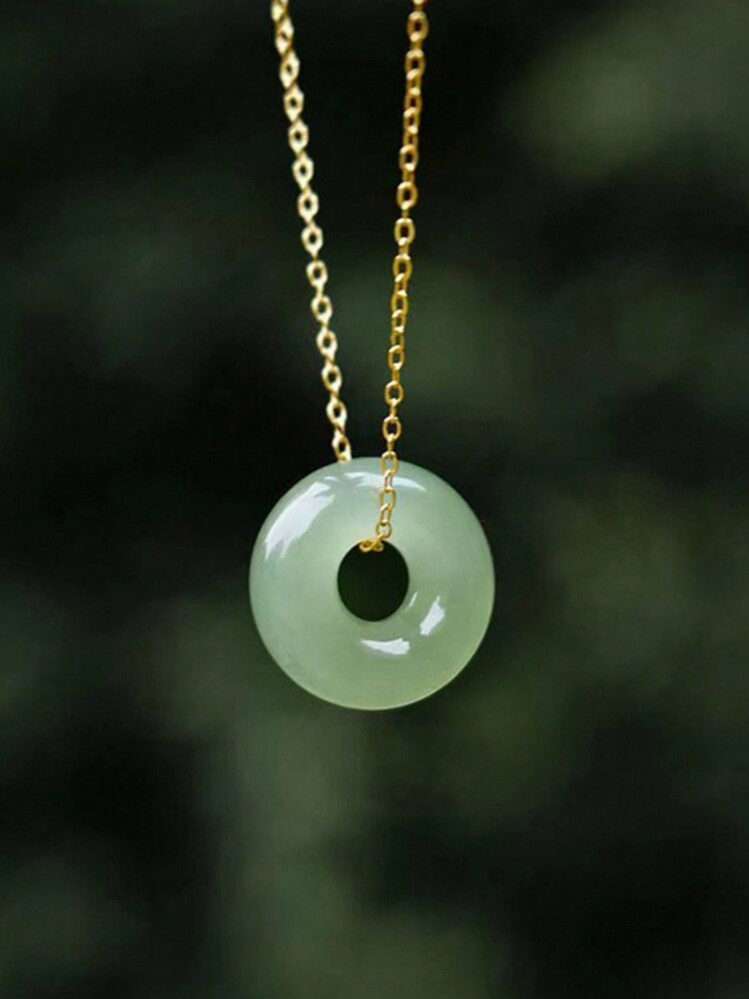 1pc Fashion 18K Gold Plated Stainless Steel Fake Green Jade Stone Round Circle Pendant Necklace For Women Daily Decoration For Valentine's Day Gift Valentines | SHEIN