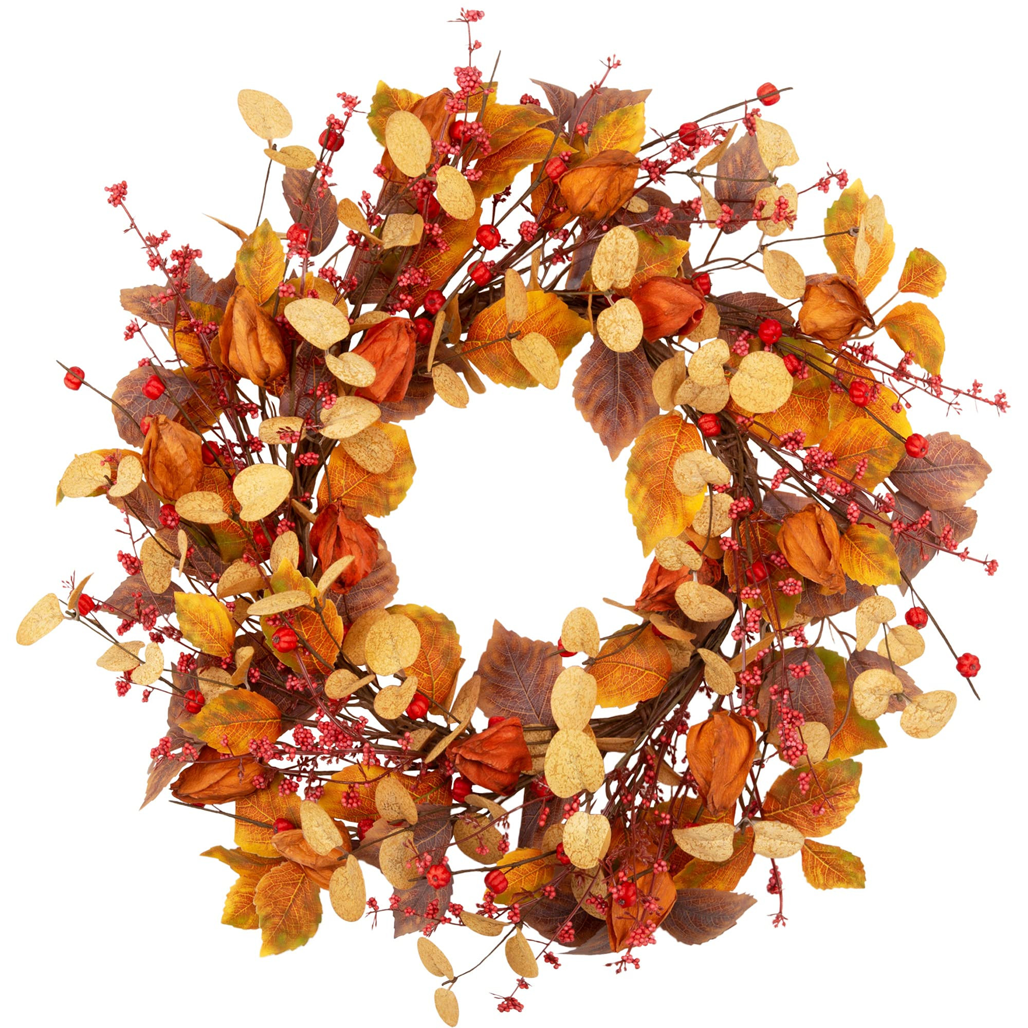 18 Inch Fall Wreath Front Door Wreath with Cape Gooseberries Artificial Autumn Wreath with Fall L... | Amazon (US)